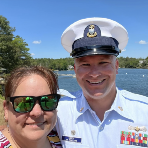 Ryan Smith, pictured with his cousin Kim Walker, takes over as officer-in-charge of USCG Boothbay Harbor. Courtesy of Ryan Smith