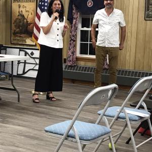 Suheir Alaskeri (chair) and Aqeel Mohialdeen (vice chair) of the Maine GOP Multicultural Center speaking to the LCRC. Courtesy of Joe Grant