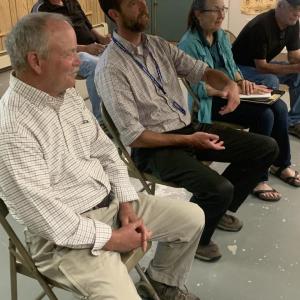 Edgecomb selectmen had a couple visitors at their Aug. 8 board meeting. Resident Mark Warren, left, spoke about high speeds on Route 27 and new elementary school principal Tom Landberg, second left, introduced himself to the board. BILL PEARSON/Boothbay Register