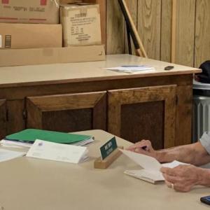 June Giles explains Highland Cemetery’s “dire financial needs” Sept. 19 to Edgecomb selectmen. Also pictured, Selectman Mike Smith. BILL PEARSON/Boothbay Register