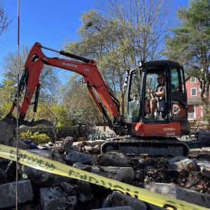 Contractor Mark Rego of Alna works at Wiscasset’s Sunken Garden Oct. 27. Terry Heller photo
