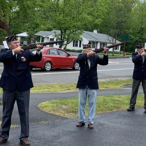 From left, Post 54’s Cliff Hendricks, Greg Curtis and Mike Barnes take part in the Memorial Day 2021 observance. File photo