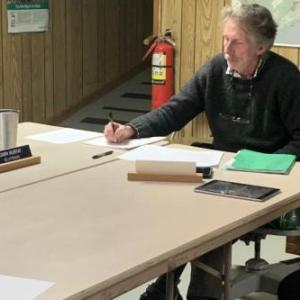 Lincoln County Regional Planning Commission assistant planner Laura Graziano, right, discusses her work with the town hall committee during the Nov. 28 Edgecomb selectmen’s meeting. BILL PEARSON/Boothbay Register