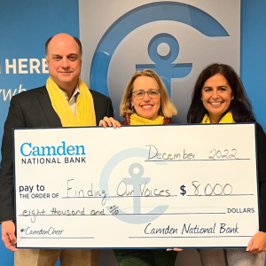 Wearing yellow for the light that Finding Our Voices and Camden National Bank are bringing to domestic abuse in Maine are Greg Dufour, president and CEO of Camden National Bank, Patrisha McLean, founder/president of Finding Our Voices, and Renee Smyth, the bank’s executive vice president. Finding Our Voices photo