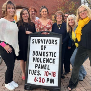 Finding Our Voices survivors at the Scarborough Public Library in October. From left to right Jeannine Lauber Oren, Tiffany Engelhardt, Christine Buckley, Riley Kennedy, Mary Lou Smith, Rebekah Lowell, Janet Desmarais and Patrisha McLean. Photo courtesy of Richard Marchessault