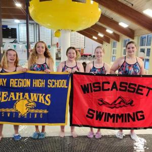 The Boothbay and Wiscasset (Boothcasset) High School swim team. From left are Hannah Hills, Sage Wickline, Suzie Edwards, Emily Gilliam and Caroline Potter. Courtesy photo