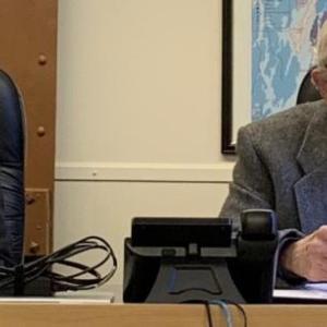 County Commissioners William Blodgett, left, and Hamilton Meserve review a proposal on Feb. 7 during the bi-monthly meeting. BILL PEARSON/Boothbay Register