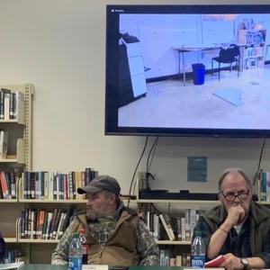 Superintendent Bob Kahler, left, updates Community School District trustees Feb. 7 about plans for handling Boothbay Region Elementary School’s closure due to severe water damage caused by a broken sprinkler system and frozen cafeteria pipe. Also pictured are CSD Trustee Troy Lewis and Chairman Steve Lorrain, right. BILL PEARSON/Boothbay Register