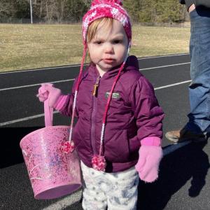 Wiscasset’s Lilyann Sawyer, 19 months, is ready to collect eggs. EDNA MILLER/Wiscasset Newspaper