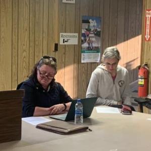 Former Selectman Ted Hugger, left, was elected moderator for the May 30 special town meeting. Also pictured from left, Edgecomb School Committee members Heather Sinclair, Nichole Price and George Chase. BILL PEARSON/Boothbay Register