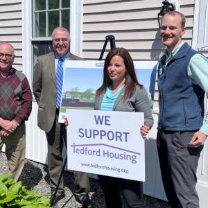 Pictured from left are: Don Kniseley, Chair of the Tedford Housing Campaign Committee; Glenn Hutchinson, President of Bath Savings; Mara Pennell, VP of Commercial Lending, Bath Savings; Andrew Lardie, Interim Executive Director of Tedford Housing. Courtesy of Bath Savings