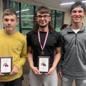 The Boothbay/Wiscasset 4x400 team won the Class C Boys’ State Championship on June 3. Track athletes were honored June 5 at the annual banquet in Wiscasset. Pictured, from left, are Austin Trask, Bryan Gagnon and Aidric Canada. Missing: Payton Blagdon. BILL PEARSON/Boothbay Register
