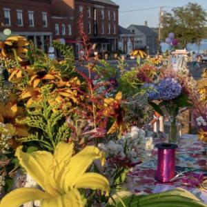 The sidewalk bouquets, gathered by Garden Club of Wiscasset members, reflect the changes of the seasons across the four Wiscasset Art Walk evenings.Bob Bond photo