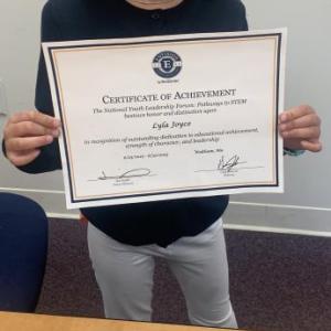 Lyla Joyce displays a certificate she received last month at the National Youth Leadership Forum in Waltham, Massachusetts. BILL PEARSON/Boothbay Register