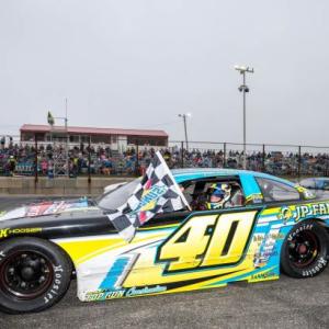 Dan McKeage Jr. celebrates his first career pro Stock win at Wiscasset Speedway. Photo: Steve Girard / S. Girard Photography