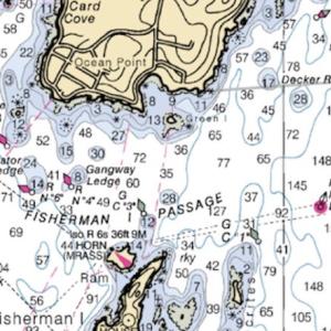 This is a section of local Chart #13293. It contains at least 20 pieces of important navigation information. Don’t know what all the symbols and numbers on the chart mean? “Navigating Mid Coast Maine” makes chart reading, navigation, and learning the local waters fun and interesting.
