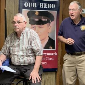 Vietnam veterans Joel Morley, left, and Jim Singer present American Legion Post 36’s proposal to Edgecomb selectmen Aug. 8. BILL PEARSON/Boothbay Register