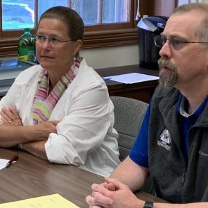 County Emergency Management Agency Director Maury Prentiss, right, told commissioners Aug. 1 Lincoln County was declared a natural disaster after a May 1 rainstorm. Also pictured: County Administrator Carrie Kipfer. BILL PEARSON/Boothbay Register