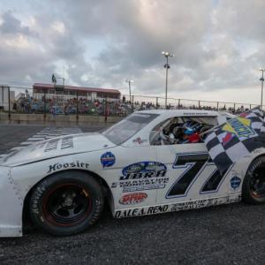 Reed Reno stops on the front stretch after picking up his first career win at the speedway. Courtesy of Steve Girard/SGirardPhotography