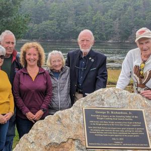 From left, Sandy Ballard, Art Ballard, Sherre Nelson representing the Nelson family, Linda Davis, Richard DeVries, and George D. Richardson Jr. at Wright Landing Sept. 30 when Richardson was honored as a founding father of it. Gaye Wagner photo
