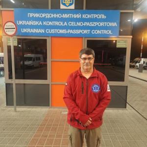 Westport Island’s Damian Sedney at the Ukraine border station: “It took almost three hours to process us, our two eight-ton trucks, our large van and a trailer. All vehicles were filled with supplies.” Courtesy photo
