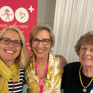 Deb Bergeron, center, founder of 100 Women Who Care Southern Maine, flanked by Patrisha McLean, left, and Mary Lou Smith. McLean is the founder/president of Finding Our Voices. Smith is one of 45 Maine survivors whose photo portraits are featured on the Finding Our Voices posters de-stigmatizing domestic abuse in 90 Maine towns. Photo by Patrisha McLean