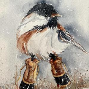 “Chickadee in Boots” by Peggy Farrell, Pemaquid Art Gallery. Farrell is among the 14 artists in the upcoming show at Damariscotta River Grill later this month. Courtesy of Kim Traina