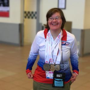 Anna McDougal arrives back from Austria in March 2017 a Special Olympics World Winter Games medalist. File photo