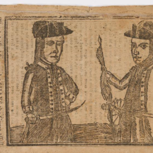 Daniel Shays and Job Shattuck, who participated in Shays Rebellion in Western Massachusetts, are depicted in a woodcut or metal cut published in a 1787 edition of Bickerstaff’s Genuine Boston Almanack. Courtesy National Portrait Gallery, Smithsonian Institution, Washington, D.C.