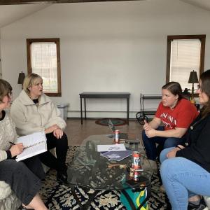 From left, Tracey Whitney, Julee Ketelhut, Sarah Whitfield and Lucy Oyster meet March 29 about Wormfest. Ann Light, not pictured, is also a committee member. SUSAN JOHNS/Wiscasset Newspaper