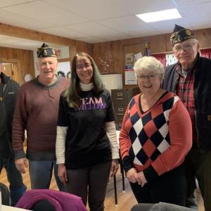 From left, American Legion Post 54’s Cliff Hendricks and Mike Barnes, Team Willow’s Beth Bluteau, Cooper-DiPerri Scholarship Fund Committee member Sheila Sawyer and Post 54 Cmdr. William Cossette Jr. gather at the Legion hall on Route One, Wiscasset March 22 to talk about the post’s recent donations to both causes. SUSAN JOHNS/Wiscasset Newspaper