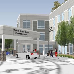 While the new awning, left, is being constructed at the Watson Health Center, patients and visitors will use an alternate entrance to the right. Courtesy graphic