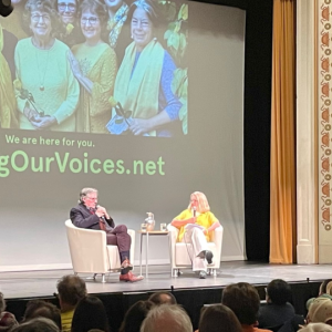 Patrisha McLean with legendary actor Gabriel Byrne at the Camden Opera House March 9. Byrne stepped up to lend his voice to the grassroots nonprofit that is breaking the silence of domestic abuse across Maine. Photo supplied by Finding Our Voices