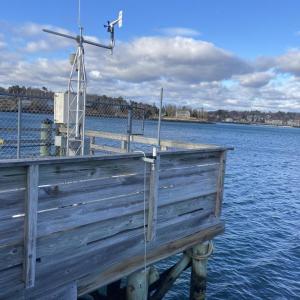 Hohonu sensors in Portland, Boothbay Harbor, and Port Clyde transmit a sound pulse down toward the water surface, measure the time it takes for the echo to return to the sensor, and convert the travel time to a distance measurement. Courtesy of Dottie Yunger