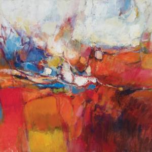 “Red Rocks Monhegan” (1959,oil on canvas, 24 x 28 in.) by Elena Jahn, co-founder of Women Artists of Monhegan Island (WAMI). Courtesy of Lisa Jahn-Clough Elena Jahn