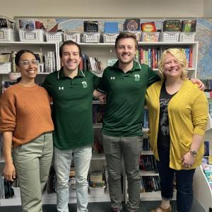 Teacher-interns Mike Bentz and Jack O'Reilly spend time with CTL faculty members Stacey Adams, left, and Angela Lathem-Ballard, right, during their spring visit. Courtesy of CTL