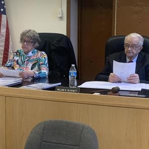 Lincoln County Commissioners Mary Trescot, left, and William Blodgett attended the April 16 meeting in person. Hamilton Meserve participated via Zoom conference. BILL PEARSON/Boothbay Register