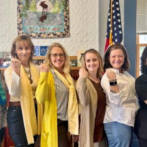 FOV domestic abuse survivors met with District Attorneys Jackie Sartoris (Cumberland County) and Maeghan Maloney (Kennebec and Somerset counties) to discuss what needs to change in Maine’s criminal justice system. Pictured from left are DA Sartoris, Jeannine Lauber Oren, Patrisha McLean, Bethany, Jolene Miles, and DA Maloney. Courtesy of FOV
