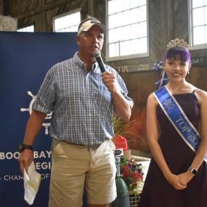 Emcee Andrew Morley with 2023 Top Royal Imij Armstead. Morley noted this was one of Imij’s final events as Top Royal. The Boothbay’s Got Talent competition is at 6 p.m. June 23 at the YMCA. LISA KRISTOFF/Boothbay Register