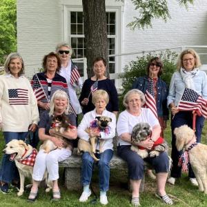 The Fundraising Committee of the Friends of the Wiscasset Public Library meets to plan Bands for Books. First row, from left, Linda Adams (with Oliver), Linda Winterberg (with Liberty), and Lynn Maloney (with Bradley). Second row, from left, Hannah Stewart (with Cooper), Barbara Britton, Kate Curran, Blanche Johnson, Tracey Whitney and Michelle Wentworth (with Sandy). Bill Maloney photo