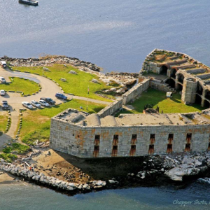 Fort Popham at the mouth of the Kennebec River. Photo by Chopper Shots LLC, courtesy of PBIA