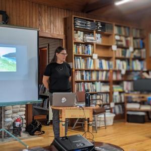Maine Poet Laureate Julia Bouwsma presents “Midden,” a collection of poems about Malaga Island history, at Popham Beach Library. CANDI JONETH/Boothbay Register