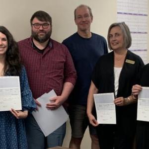 On Aug. 6, Lincoln County commissioners awarded $90,000 in grants to local opioid prevention organizations. Pictured, from left, Haley Bezon, executive director of Hearty Roots; Larissa Ray, Healthy Lincoln County executive director; Tim Matteson, substance use prevention coordinator; Peter Bruun, Studio B executive director; Charlene Korbut, Healthy Kids executive director; Abigail Boudin, Common Space at Lincoln County Recovery Community Center executive director, and Leigh Perkins, Studio B board of directors' president. BILL PEARSON/Boothbay Register