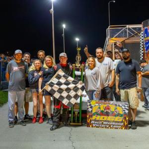 Austin Teras and his team celebrate together in Victory Lane after picking up the Boss Hogg 150 victory. Jasen Dickey Photography