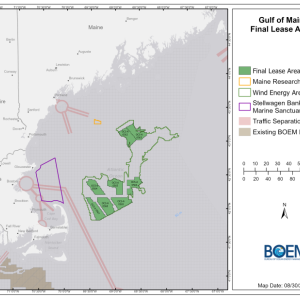 A map of the final lease areas in the October sale. Two of the sites are around 60 miles from the Boothbay Peninsula. From the Bureau of Ocean Energy Management. A map of lease areas in the Gulf of Maine.