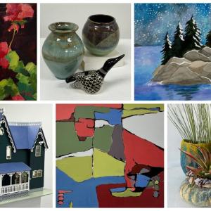 Artists in the show "Celebration": Clockwise, top left: Suzanne de Lesseps, Jennifer Fairchild Brown and Karen Sobin-Jonash, Wendy Mantooth, Laura McNelly, Sharon Downey, Julio Sanchez-Baños. Courtesy of River Arts A sampling of the art in the "Celebration" show at River Arts. Courtesy of the venue