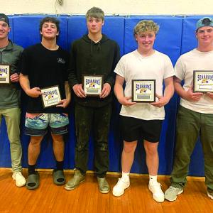 Boothbay football recognized six of its top performers Nov. 6 for the past season. Pictured, from left, Aidric Canada, Defensive Player of the Year; Maddox Cusumano, Most Valuable Player; Spencer Wenners, Most Improved Player; Tyson French, Offensive Player of the Year; and Griffin Yereance, Lineman of the Year. Not pictured, Shawn Gamage, Coach's Award. BILL PEARSON/Boothbay Register Awards ceremonh