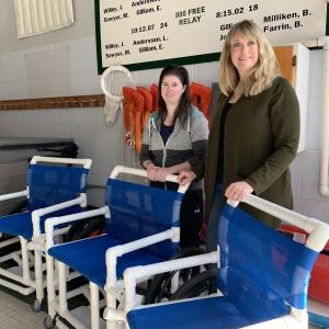 WCC Aquatics Director Nori Mcleod, left, and Wiscasset’s Julee Ketelhut with the water wheelchairs Jan. 17. SUSAN JOHNS/Wiscasset Newspaper 