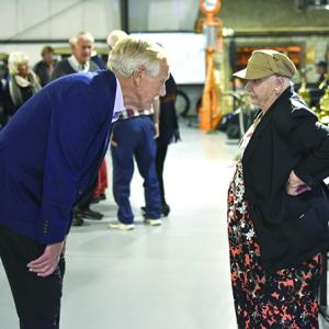 Angus King speaks to a resident during a celebration for the Boothbay Railway Village. FRITZ FREUDENBERGER/Boothbay Register