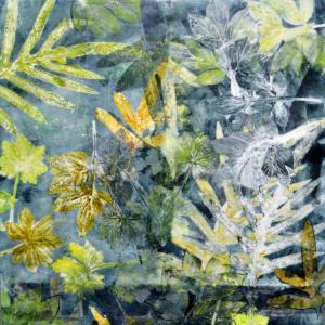 Debra Claffey - "Geranium, Peony, Blue Star Fern III - monotype collage, encaustic on panel. Courtesy of the artist